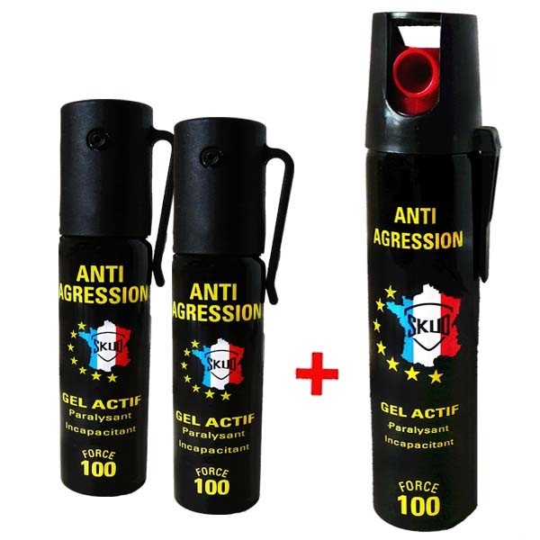 Pack 3 lacrymogènes Gaz/Gel/Poivre 100ml - tête accusol - Bombe lacrymogène  - Auto Défense
